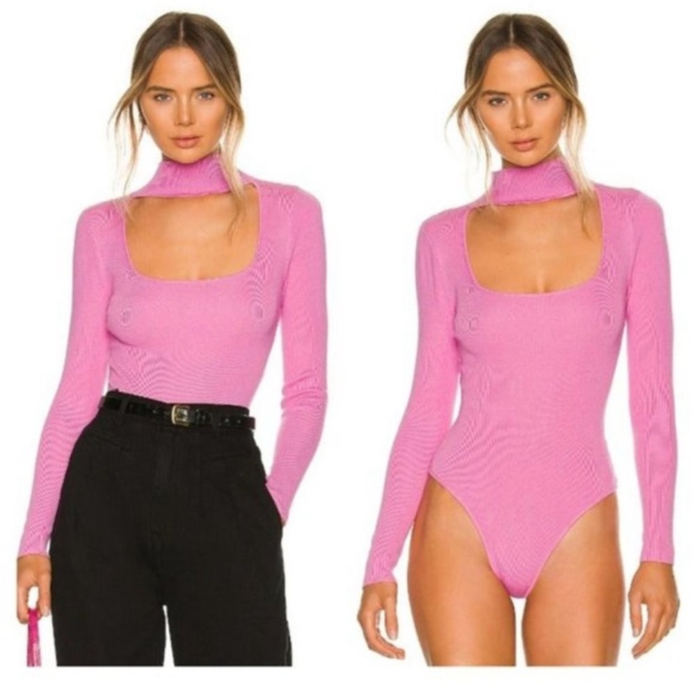 Revolve Square Neck Pink Turtleneck Sweater with open cut bodysuit